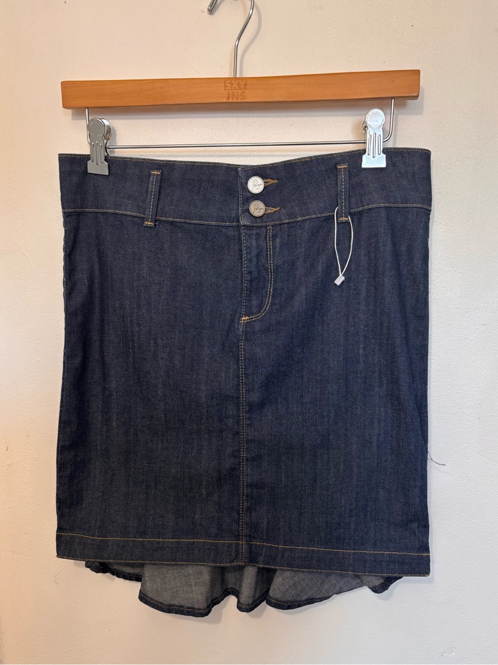 PAIGE Dark Indigo Denim Midi Skirt with Twin Button Waist